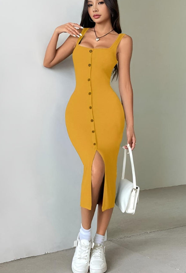 mustard yellow dress with buttons Mustard Egyptian Cotton Button Midi Dress