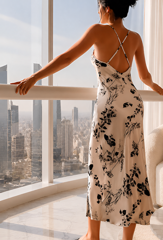 Champagne Blossom Satin Midi Dress - Elegant Floral Satin Dress for Women - W274
