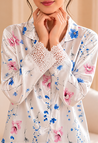Elegant Floral Satin Pajama Set - W669