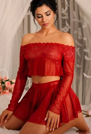 Pink Sheer Mesh Lace Lingerie Set – Off Shoulder Bridal Babydoll - R552