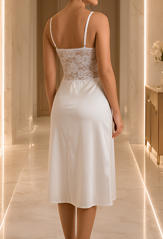 Elegant Bridal White Satin Lace Nightdress - W358