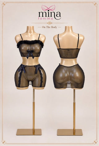 Midnight Feather Sheer Tulle Lingerie Set - R406
