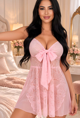Rosé Romance Sheer Tulle & Floral Lace Lingerie Dress - R547
