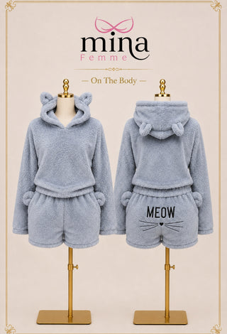 Women’s Cozy Polar Fleece Bear Ear Hooded Pajama Set with Shorts - Snow 3865