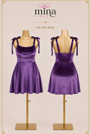 Women’s Velvet Mini Dress with Tie Shoulder Straps - Snow 3608