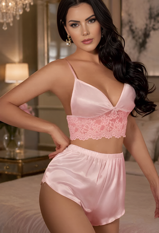 Pink Satin Lace Lingerie Set | Soft Satin Two-Piece Sleepwear - W447 | Mina Femme