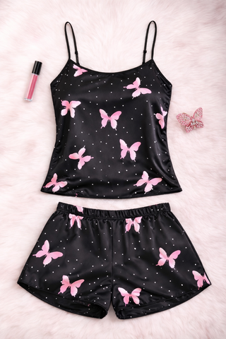 Black Butterfly Satin Pajama Set | Mina Femme Sweet Noir Collection - W633