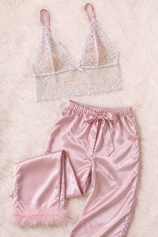 Luxury Pink Satin Pajama Set 3 Pieces with Lace Top - W673