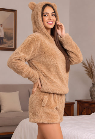 Women’s Cozy Polar Fleece Bear Ear Hooded Pajama Set with Shorts - Snow 3865