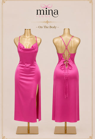 Fuchsia Satin Midi Lingerie Dress – Backless Lace-Up Design - W646