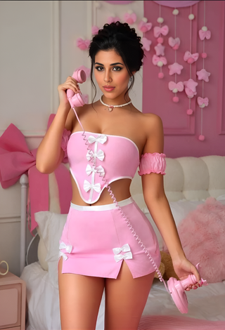 Baby Blue Bow Corset Set – Off Shoulder Mini Skirt Coquette Outfit - Joly 2274
