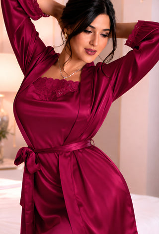 Midnight Grace Satin Slip & Robe Women's satin lingerie set with lace - W717 | Mina Femme