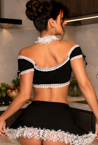 Maid Costume Lingerie Set in Butter Fabric with Lace – Unpadded - JOLY 2394