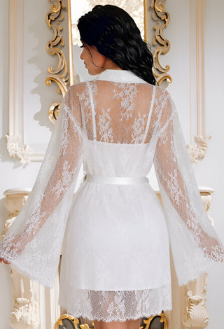 White Bridal Satin & Lace Robe Set - W492 | Mina Femme