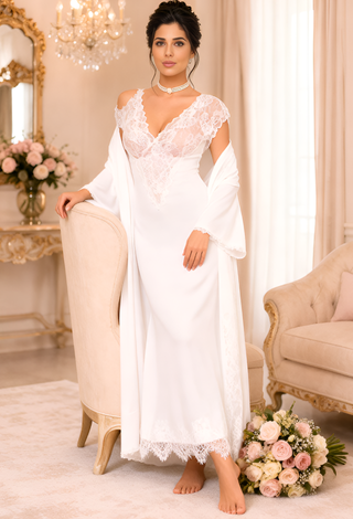 Royal Pearl Satin & Lace Bridal Nightgown with Robe -W547 | Mina Femme