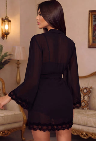 3 Piece Sheer Lace Lingerie Set – Mesh Robe, Cami & Shorts - R596 - Mina Femme