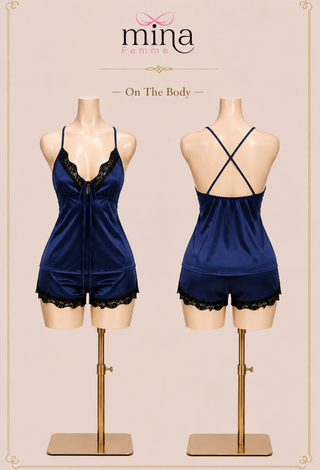 Midnight Lace Satin Short Pajama Set – Wire-Free & Non-Padded - W712
