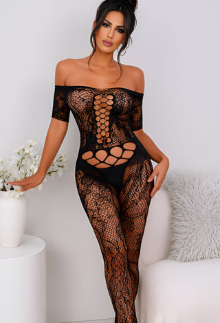 Midnight Temptation Black Fishnet Bodysuit – One Shoulder Cutout Lingerie - Sklv 8893