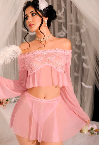 Pink Sheer Mesh Lace Lingerie Set – Off Shoulder Bridal Babydoll - R552