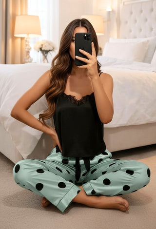 Polka Dot Pants & Black Top Satin Pajama - W123