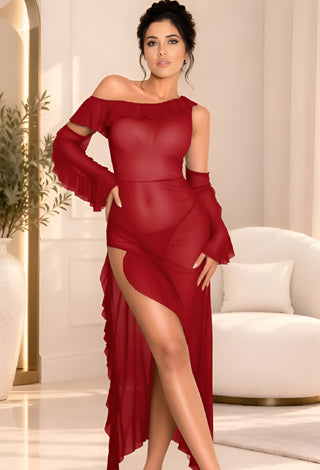 Ruffle Sleeve Black Sheer Mesh 3-Piece Lingerie Set - R422