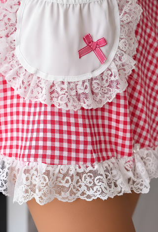 Red Checkered Costume Lingerie 3 Pieces Soft Butter Fabric - JOLY 2363