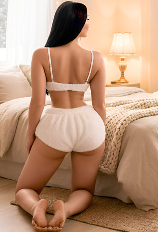 Teddy Crush White Fluffy Push-Up Bra & Panty Lingerie Set - SNOW 3875