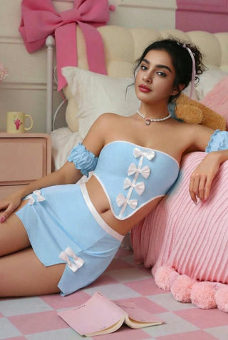 Baby Blue Bow Corset Set – Off Shoulder Mini Skirt Coquette Outfit - Joly 2274