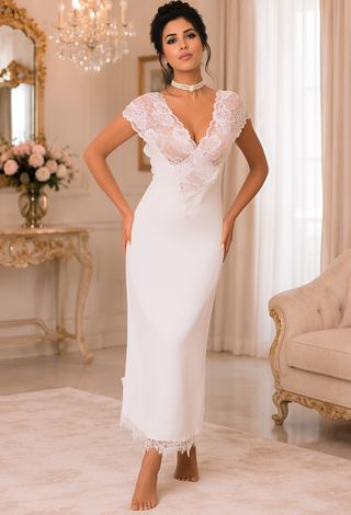 Royal Pearl Satin & Lace Bridal Nightgown with Robe -W547 | Mina Femme