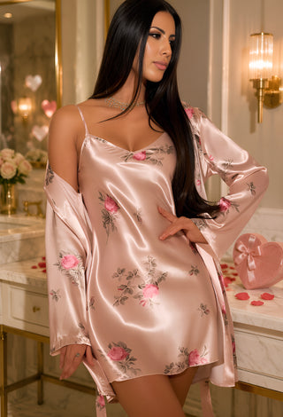 Elegant Floral Satin Lingerie Set - W566