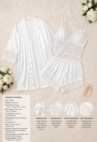 Bridals White Satin Lace Pajama Set 3 Pieces W395 | Mina Femme