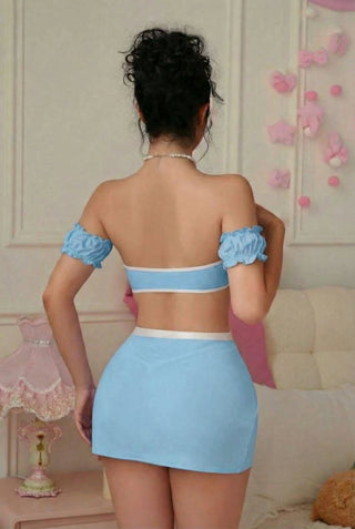 Baby Blue Bow Corset Set – Off Shoulder Mini Skirt Coquette Outfit - Joly 2274