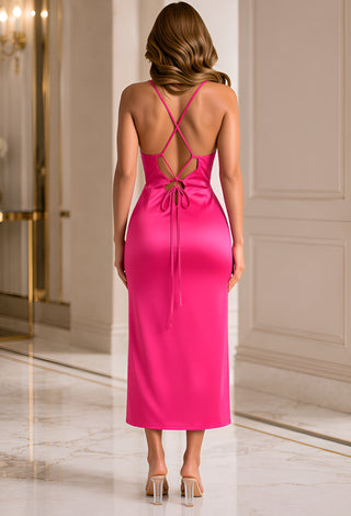 Fuchsia Satin Midi Lingerie Dress – Backless Lace-Up Design - W646