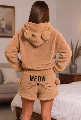Women’s Cozy Polar Fleece Bear Ear Hooded Pajama Set with Shorts - Snow 3865