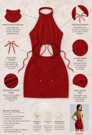 Sparkle Red Glitter Bodycon Mini Dress Halter Neck - EVE - F132