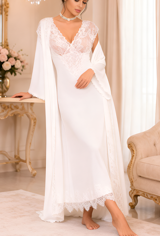 Royal Pearl Satin & Lace Bridal Nightgown with Robe -W547 | Mina Femme