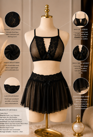 Black Sheer Lace Lingerie Set with Mesh Bralette & Flowy Mini Skirt | R293