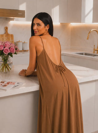Linen Open-Back Lounge Nightdress - Linen 01 | Mina Femme