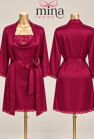 Midnight Grace Satin Slip & Robe Women's satin lingerie set with lace - W717 | Mina Femme