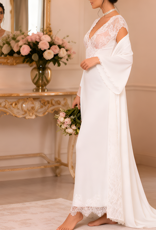 Royal Pearl Satin & Lace Bridal Nightgown with Robe -W547 | Mina Femme