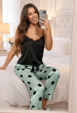 Polka Dot Pants & Black Top Satin Pajama - W123