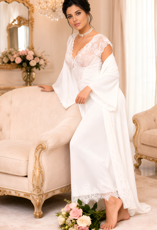 Royal Pearl Satin & Lace Bridal Nightgown with Robe -W547 | Mina Femme