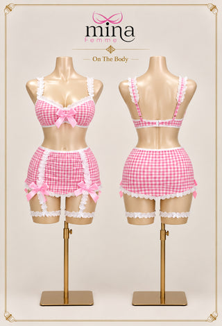 Pink Gingham Coquette Lingerie Set – Bow Detail Soft Girl Outfit - Joly 2276