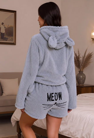 Women’s Cozy Polar Fleece Bear Ear Hooded Pajama Set with Shorts - Snow 3865
