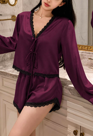 Elegant Wine Satin Pajama Set Lace Trim - W666