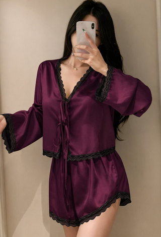 Elegant Wine Satin Pajama Set Lace Trim - W666
