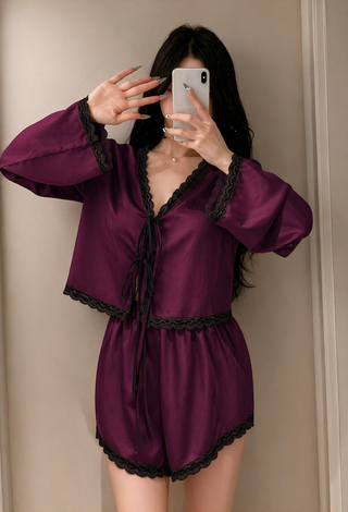 Elegant Wine Satin Pajama Set Lace Trim - W666