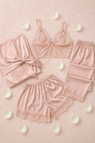 Blush Satin Lace Pajama Set 4 Pieces - W525