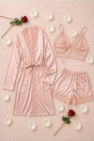 Blush Satin Lace Pajama Set 4 Pieces - W525