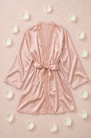 Blush Satin Lace Pajama Set 4 Pieces - W525